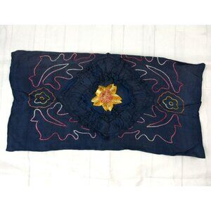 Vintage Floral Embroidered Satin Ruffles Throw Pillow Case Cover Blue 1940s